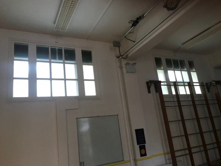 School Hall & Stage Curtains - Hampstead - Before: High level windows